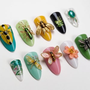 Handmade 3D Floral & Insect Press-On Nails | Unique Bug  Flower Designs | Nature-Inspired Luxury Nail Art | Custom Press-On Nails