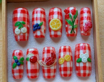 Gingham Picnic Press-On Nails | 3D Fruit & Floral Nail Art | Cherry Strawberry Lemon Nails |Cute Cottagecore Picnic Nails |Summer Fake Nails