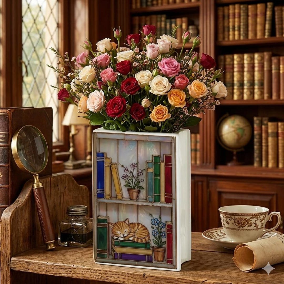 Personalized Vintage Library Ceramic Book Vase, Custom Name Book Lover ...