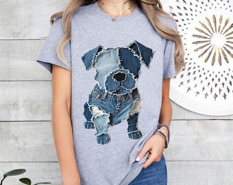 Dog Pattern Denim Patchwork Art T-shirt