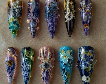 Fairycore Pastel Floral Press-On Nails | 3D Butterfly & Bloom Nail Art | Iridescent Nature-Inspired Nails | Soft Spring Aesthetic Nails