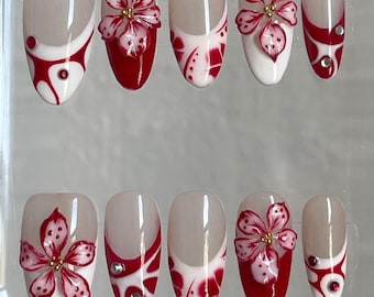 Czerwone kwiatowe paznokcie 3D, ręcznie robione zdobienia Sakura, paznokcie z motywem kwiatów wiśni, długie paznokcie w kształcie migdałów, ślubne paznokcie z kwiatowymi wzorami, zestaw do paznokci z wiosennymi kwiatami