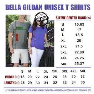 May include: A size chart for Bella Gildan unisex t-shirts. The chart shows the width and length of the shirts in inches, as well as the sleeve centre back measurement in inches. The chart includes sizes from small to 5XL.