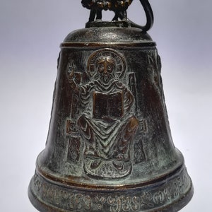 Bells, Vintage bell, aging Bronze bell, monastery bell with Georgian inscription, bells with engraved saint’s faces