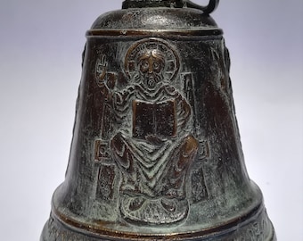 Bells, Vintage bell, aging Bronze bell, monastery bell with Georgian inscription, bells with engraved saint’s faces