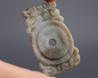 China Vintage Exquisite Carved Jade Pendant | Old Coin and Double Lion (O#11)