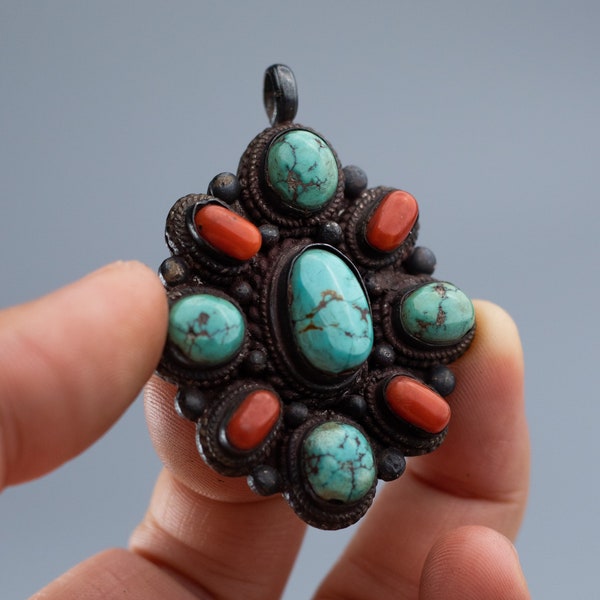 Nepal Sterling Silver Pendant with Authentic Turquoise and Coral Inlay Nepal handmade | Tibetan Jewelry | Folk Art