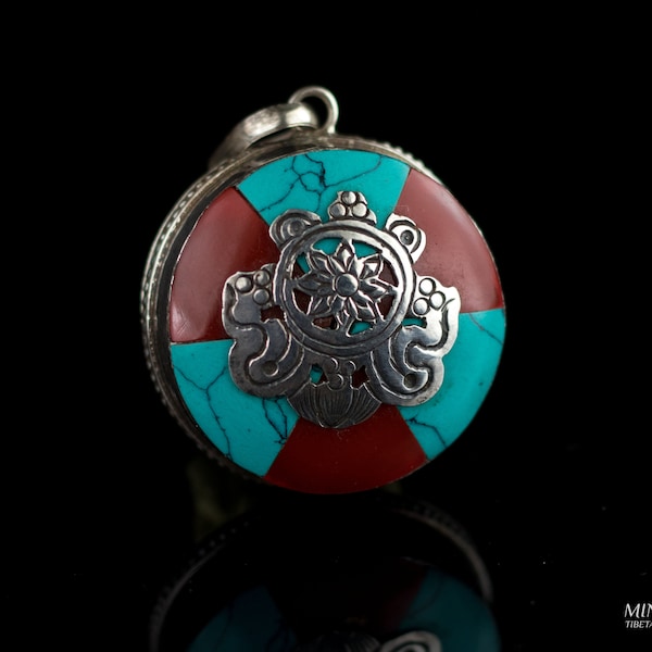 Tibetan Buddhist Pendant/Prayer Box (Sterling Silver with Turquoise Inlayed | Nepal Handmade)