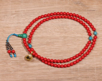 M#360, 6mm - Cinnabar 108 Mala Prayer Beads Tibet Buddhist (Beautiful QUALITY with Turquoise Spacer, Guru Bead)  Red Mala