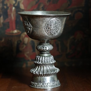 Butter lamp [3] - Tibetan Buddhist Ritual Offering (Silver Gilt, Vintage Handmade from Nepal)