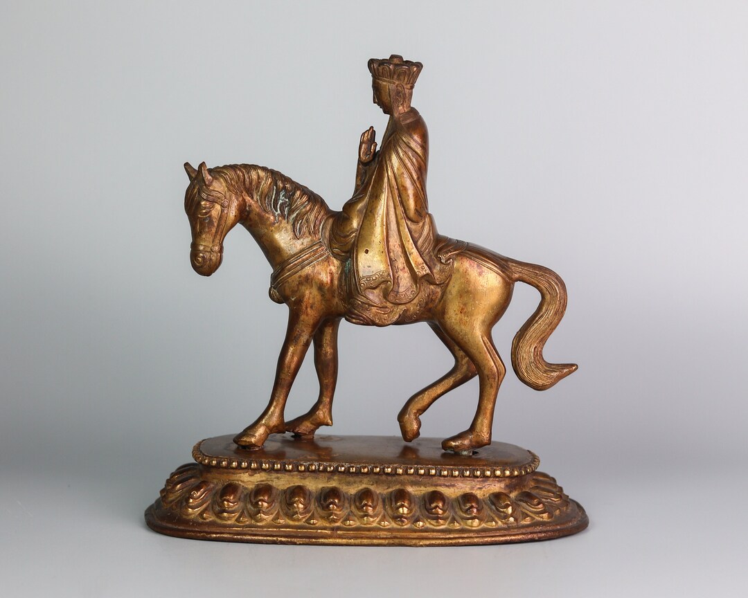 Vintage Tang Sanzang/ Xuanzang and White Horse Statue VS58 Old Statue copper, Fully Gold Gilt