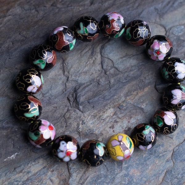 Vintage Handmade Cloisonne Bracelet | 12mm Black Enamel Floral Cloisonne Bead | Stretch Bracelet