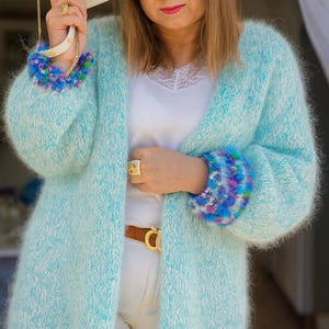 Luxury Alpaca Mohair Cardigan – Hand-Knitted Long Azure Mélange Sweater