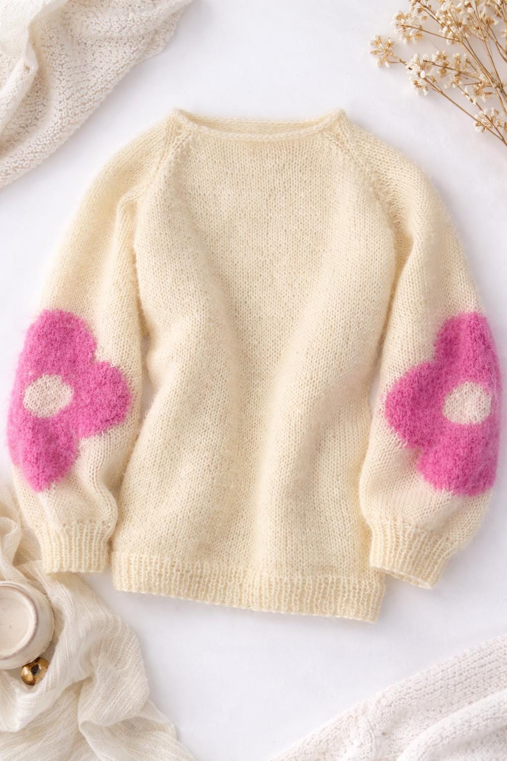 Soft Mohair Cashmere Sweater for Women, Ivory Floral Knit Pullover