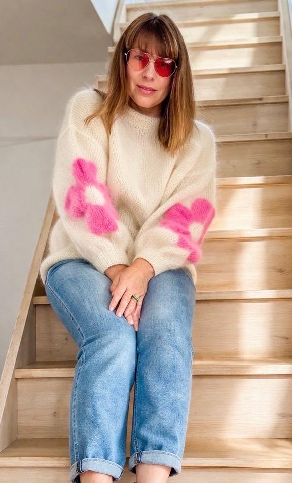 Soft Mohair Cashmere Sweater for Women, Ivory Floral Knit Pullover