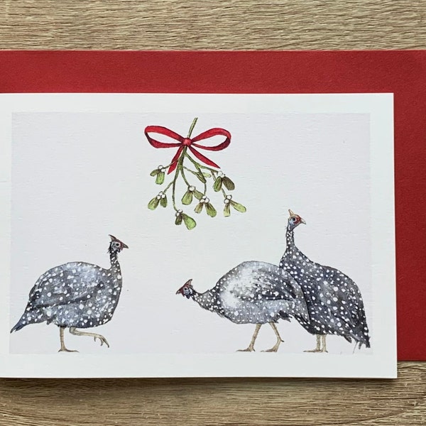 Guinea Fowl & Mistletoe Christmas Card