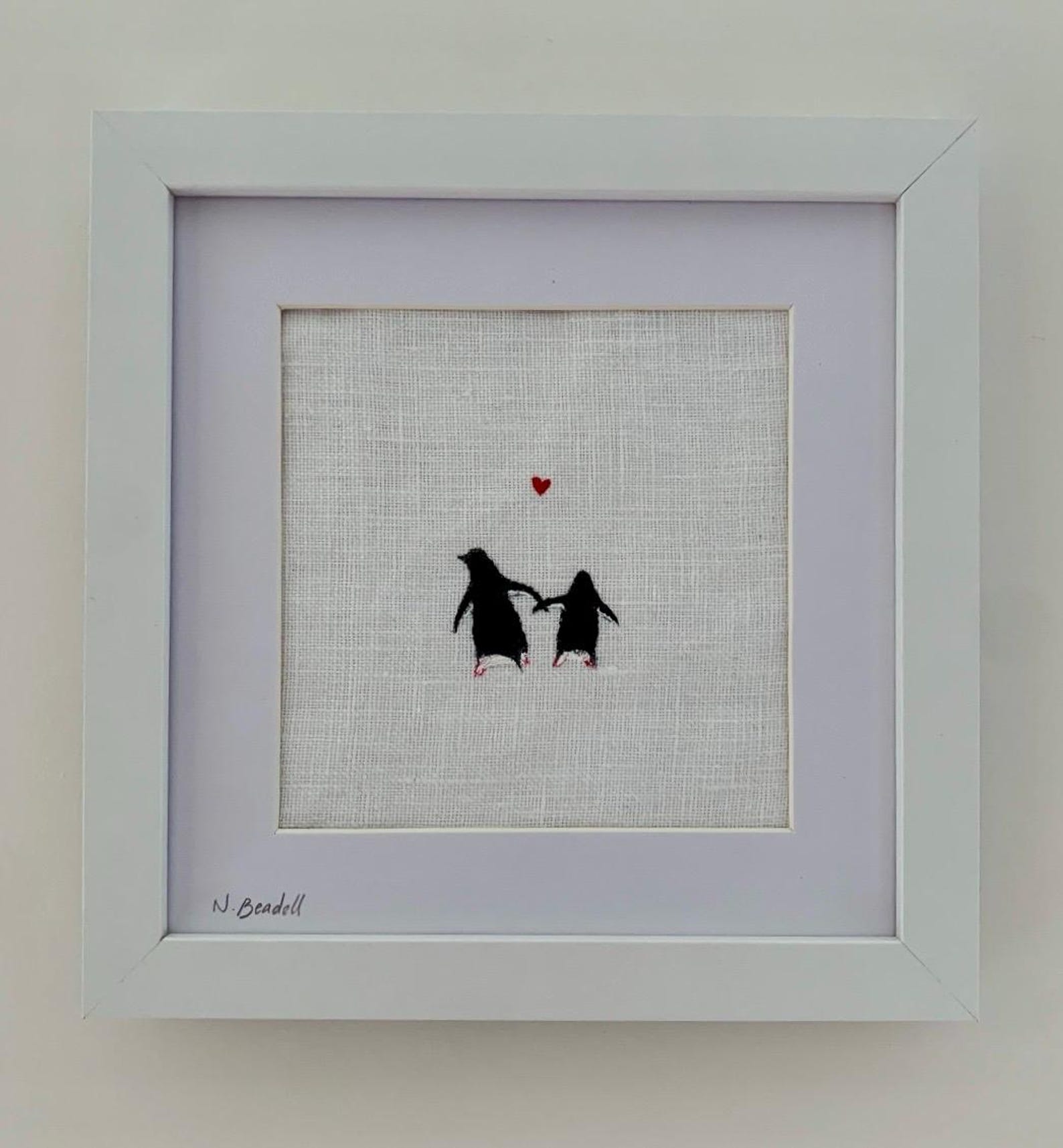 Hand-painted Penguins on Linen - White Frame