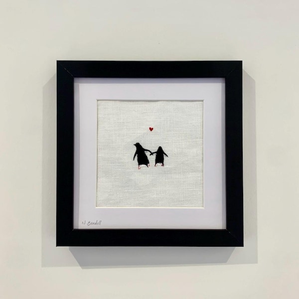 Hand-painted penguins on linen