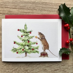 Biglietto di auguri con topo e albero di Natale