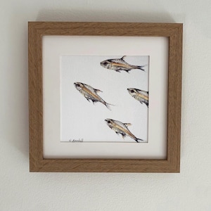 May include: A framed watercolour painting of five small fish swimming in a white background. The fish are a light brown colour with a darker brown stripe running down their sides. The painting is signed "N. Beadall" in the bottom left corner.