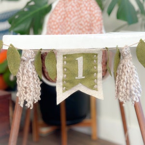 Leaf Gender Neutral Highchair Banner | Highchair Garland | Green Beige Highchair Banner | First Birthday Banner | Smash Cake Banner