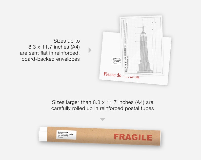 Puede incluir: Un tubo de cart&oacute;n marr&oacute;n con la palabra "FRAGILE" impresa en letras rojas. El tubo se utiliza para enviar impresiones de m&aacute;s de 8,3 x 11,7 pulgadas (A4). Las impresiones m&aacute;s peque&ntilde;as que este tama&ntilde;o se env&iacute;an planas en sobres reforzados y con respaldo de cart&oacute;n.