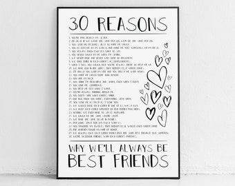 30 Reasons Friendship Print, Gift, Best Friend Gifts, Custom, 50, 40, Close  Friend Christmas Gifts, Reasons Why, Bestie 