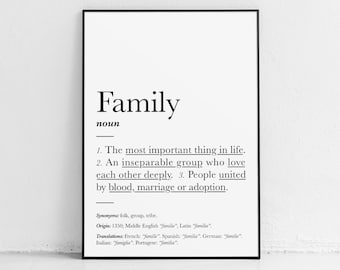 Impressão de definição de família: decoração, presente, arte de parede, placa de quarto, novo presente de família, significado, arte, novo presente de bebê, arte de parede de cozinha