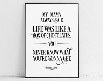 Pôster de Forrest Gump, arte, impressão, citações, a vida é como uma caixa de chocolate, Tom Hanks, estampas inspiradoras, presentes, gump, citação