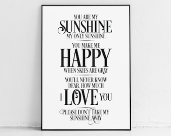 Impressão de Johnny Cash, pôster, letra, arte de parede, citação, You are my Sunshine, presentes, novo gif de bebê