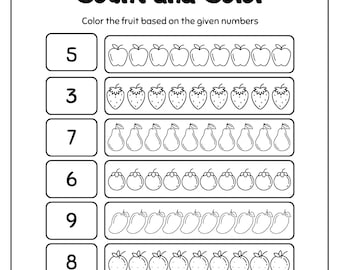 May include: Black and white worksheet titled "Count and Color". The worksheet features outlined illustrations of apples, strawberries, pears, oranges, mangoes, and lemons. Each fruit type has a corresponding number to count and colour.