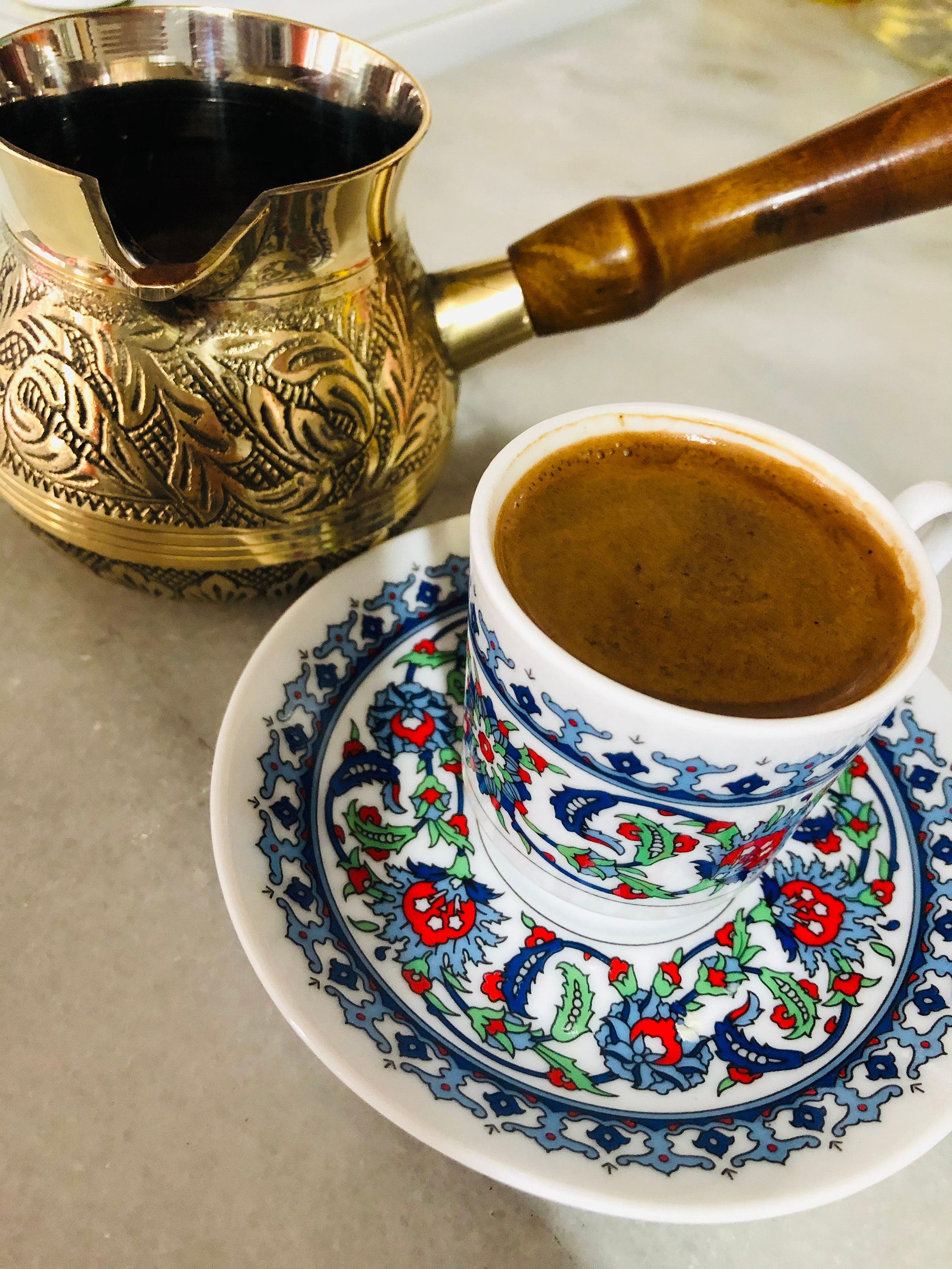 Turkische Kaffeekanne fur 4 Tasse Mokka Handgriffe aus Holz Cezve aus Kupfer 