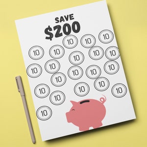 May include: A printable savings chart with a pink piggy bank and 20 circles, each labeled with the number "10", to help you save $200.