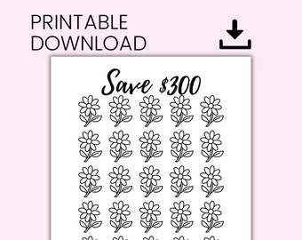 Può includere: Foglio stampabile con 30 adesivi di fiori in bianco e nero. Ogni adesivo è un semplice contorno di un fiore con uno stelo e foglie. Il testo "Save $300" è in cima al foglio. Il testo "= $10" è in fondo al foglio.