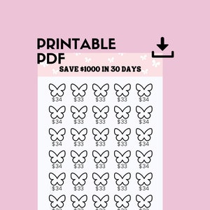 Butterfly, Preppy Pink, Money Saving Challenge Printable, Save 1000 in 30 days, Savings Challenge, Savings Tracker, Savings Planner