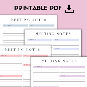 Könnte beinhalten: Druckbare Vorlage für Meeting-Notizen mit einem hellblauen, rosa und violetten Farbschema. Die Vorlage enthält Abschnitte für Teilnehmer, Datum, Notizen, Agenda und Aktionsplan.
