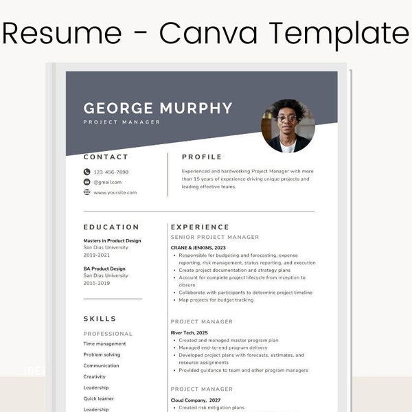 Professional Resume Template for Canva, Cover Letter,  Instant Download, Project Manger Resume Template, Professional CV