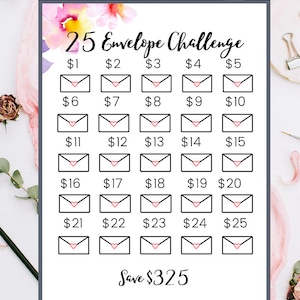 25 Envelope Money Saving Challenge Printable, Save 325, Savings Challenge, Savings Tracker, Savings Planner
