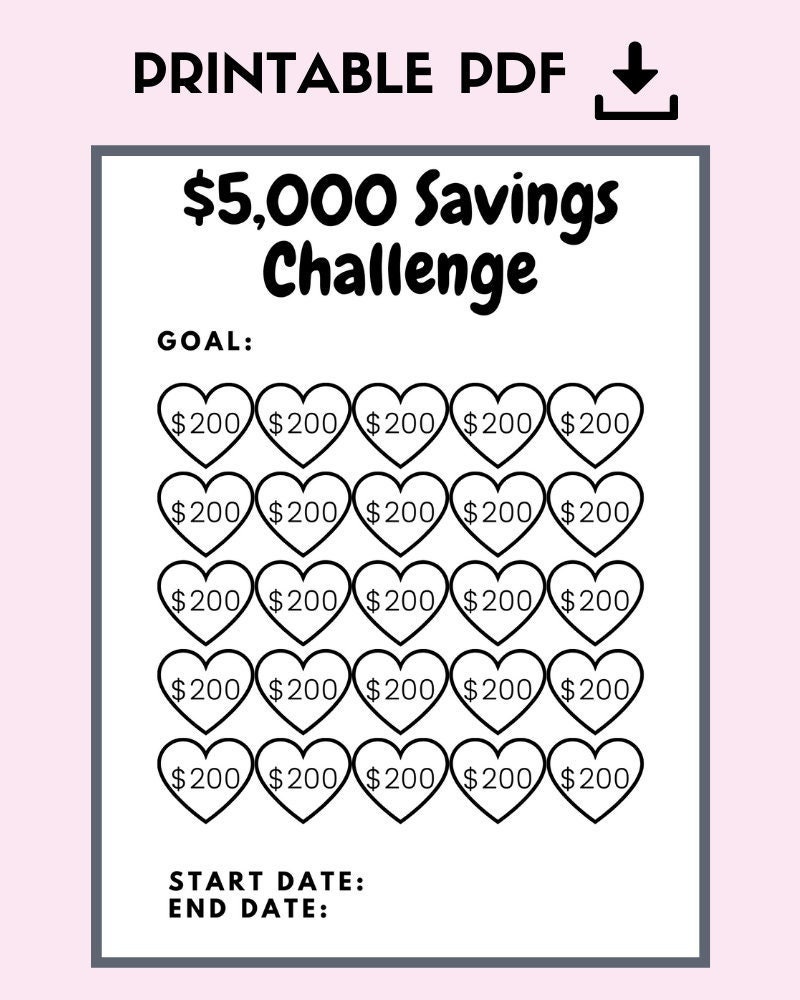 Money Saving Challenge Printable Save 5000, Savings Challenge, Budget