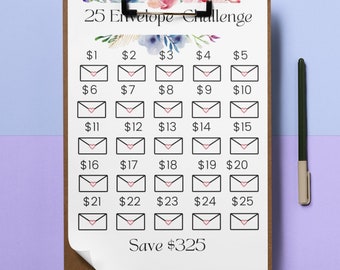 25 Envelope Floral Savings Challenge Printable, Save 325 Dollars (PDF)