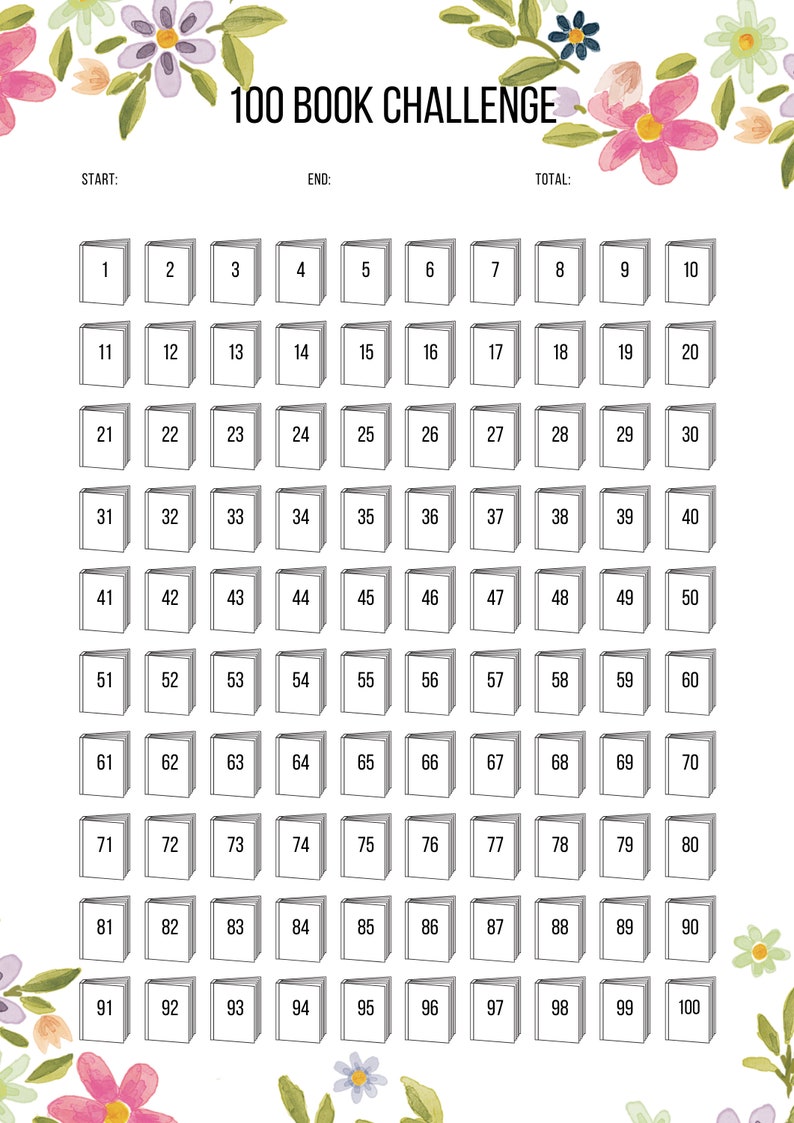 Floral 100 Book Reading Challenge Printable (PDF) - Etsy Australia