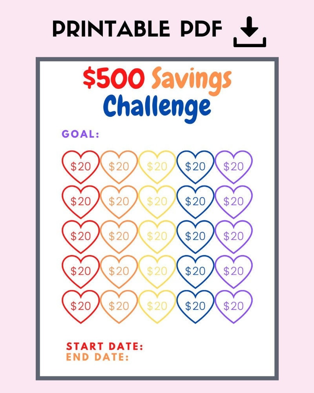 May Saving Challenge Printable, Savings Challenge, Money Challenge,  Vacation Savings, Spring Savings Challenge, 500 Savings Printable 