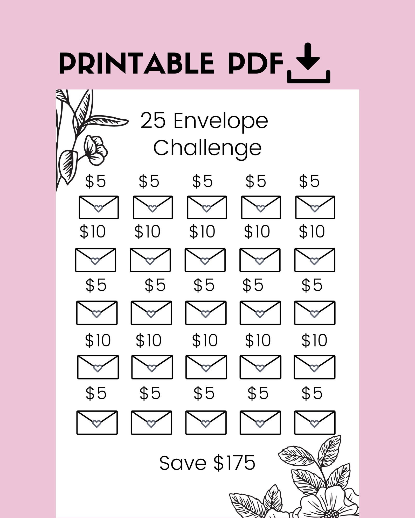 25 Floral Envelope Savings Challenge, Budget Printable (PDF) - Etsy