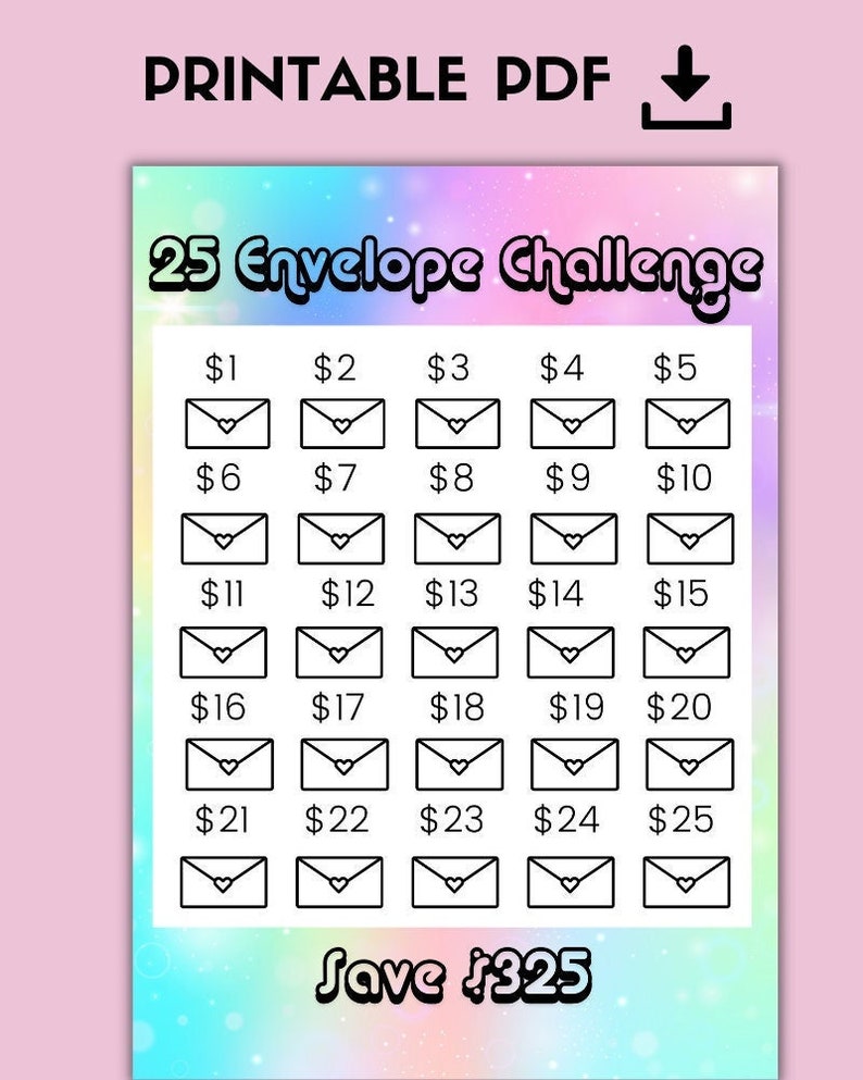 Rainbow 25 Envelope Money Saving Challenge Printable, Save 325, Savings Challenge, Savings