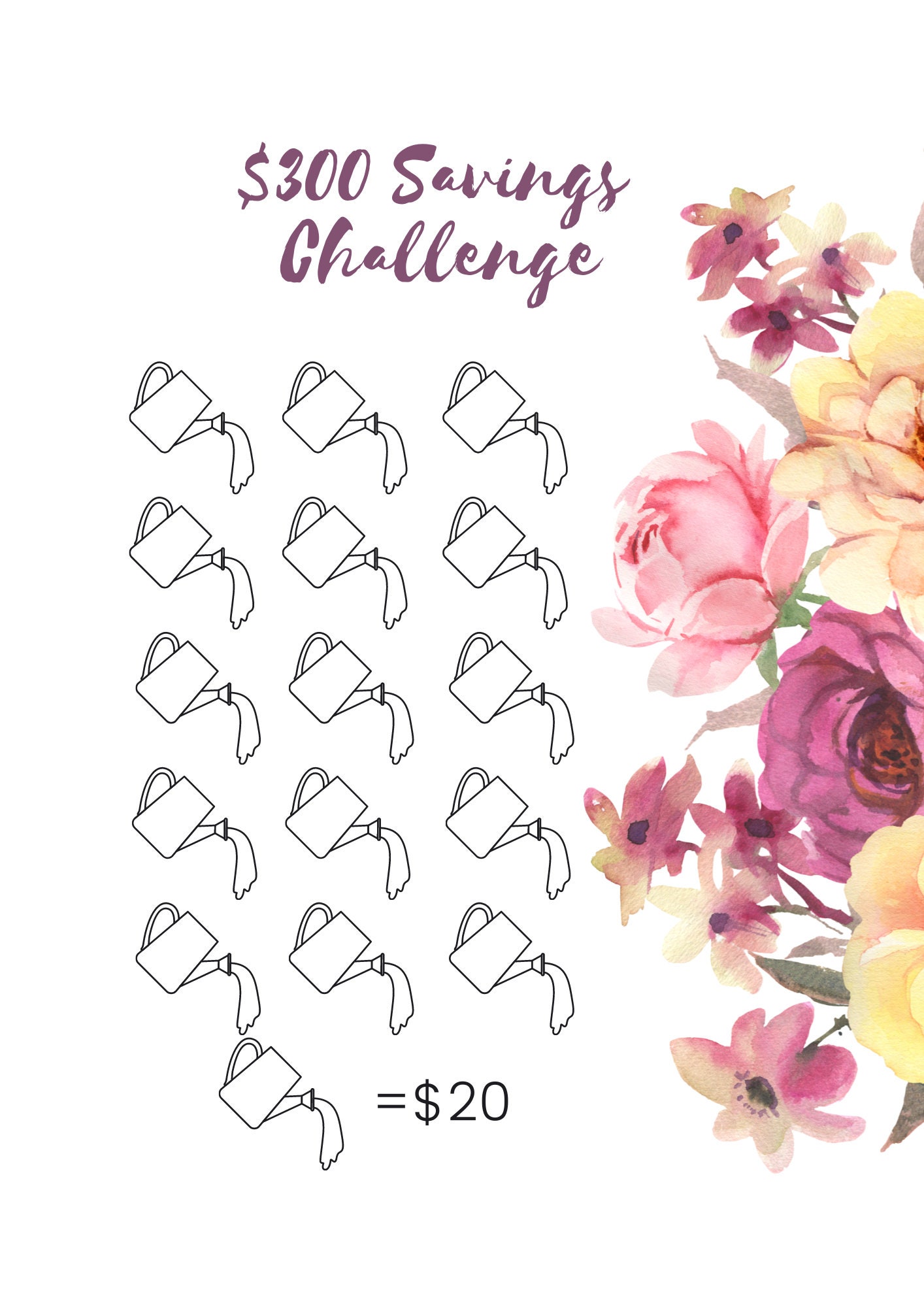 Floral Money Saving Challenge Printable, Save 300, Flower Savings