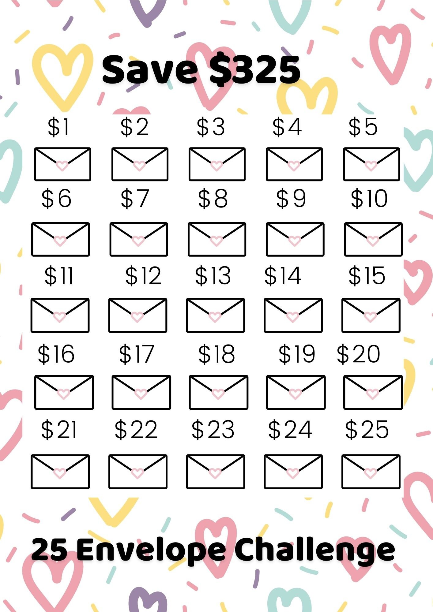 Confetti Hearts 25 Envelope Savings Challenge Printable (PDF) - Etsy