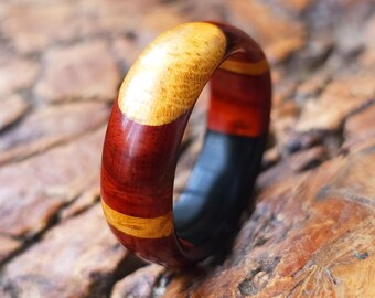 Handmade Padauk, Yellowheart & Ebony Wood Ring – Wooden Ring Unisex Waterproof Jewelry