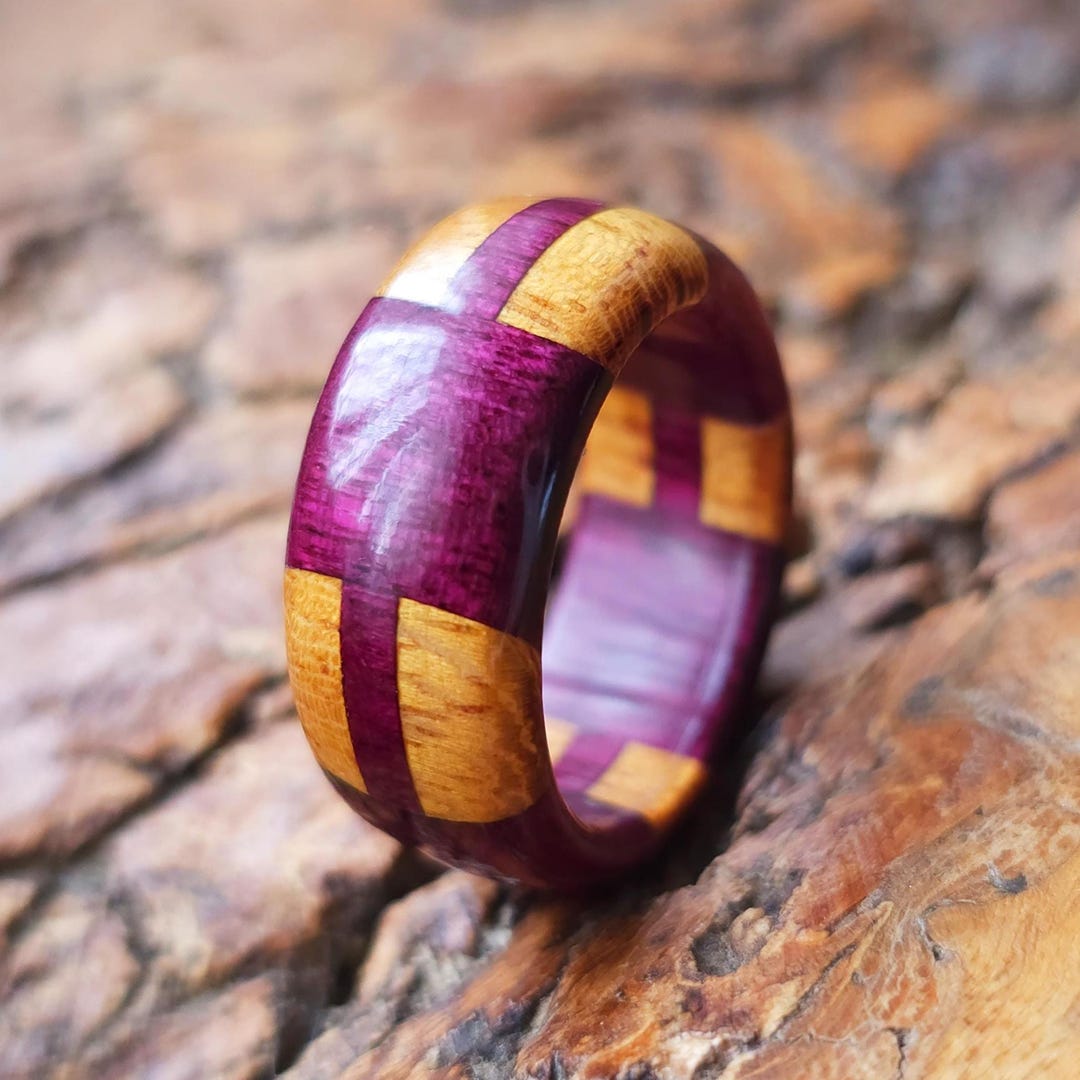 Handmade Purpleheart & Yellowheart Wood Ring - Wooden Ring Waterproof