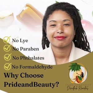Pu&ograve; includere: Una donna con capelli e pelle castano scuro sorride alla telecamera. Il testo "No Lye", "No Paraben", "No Phthalates", "No Formaldehyde", "Why Choose PrideandBeauty?" e "PRIDE AND BEAUTY Dreadlock Remedies" &egrave; visibile su uno sfondo dorato.