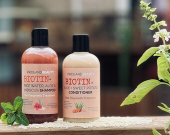 Rice Shampoo and Conditioner Set - Biotin, Hibiscus, and Aloe Shampoo | Hair Regrowth Shampoo and Conditioner.